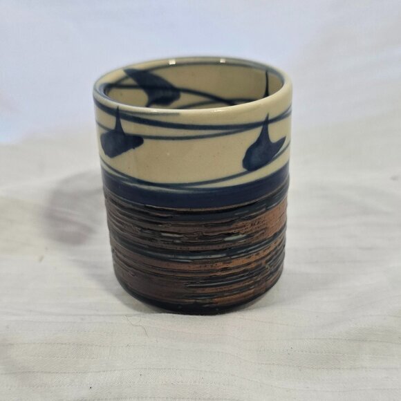 Japanese Yunomi Tea Cups Set‎ 4 Blue Cream Brown Good Hand Painted 3in - Picture 6 of 10